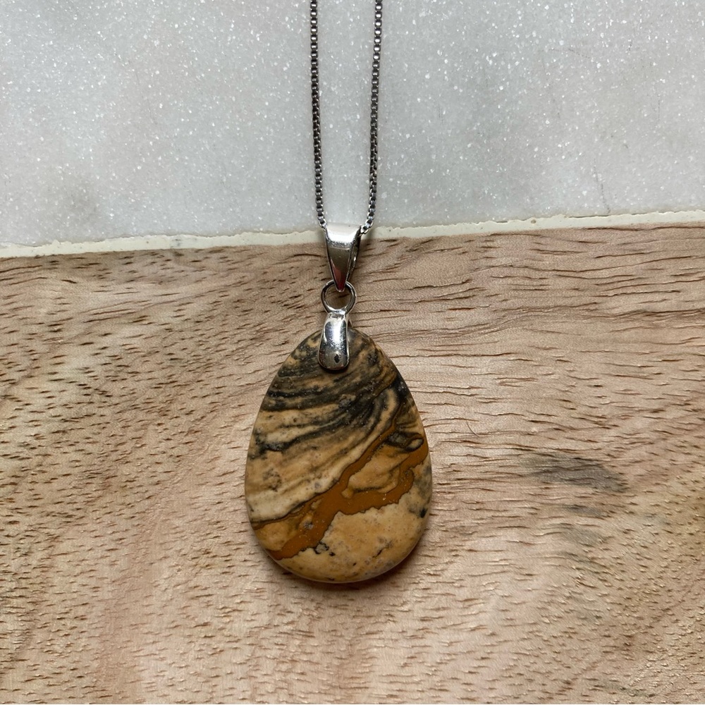 Natural Stone Jasper Teardrop & Silver Pendant on Silver Chain